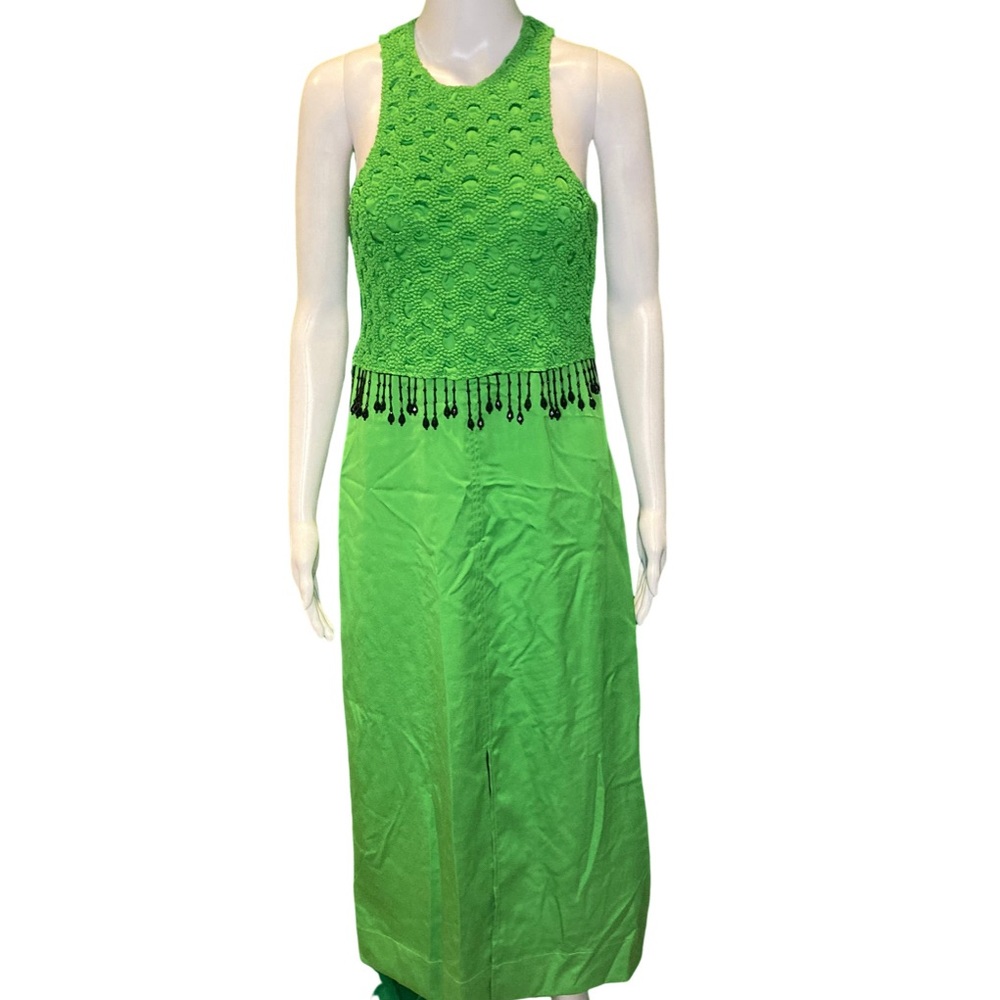 NWT Ganni Green Smocked Beaded Detail Satin Maxi Dress - Sz 4 - Picture 3 of 11